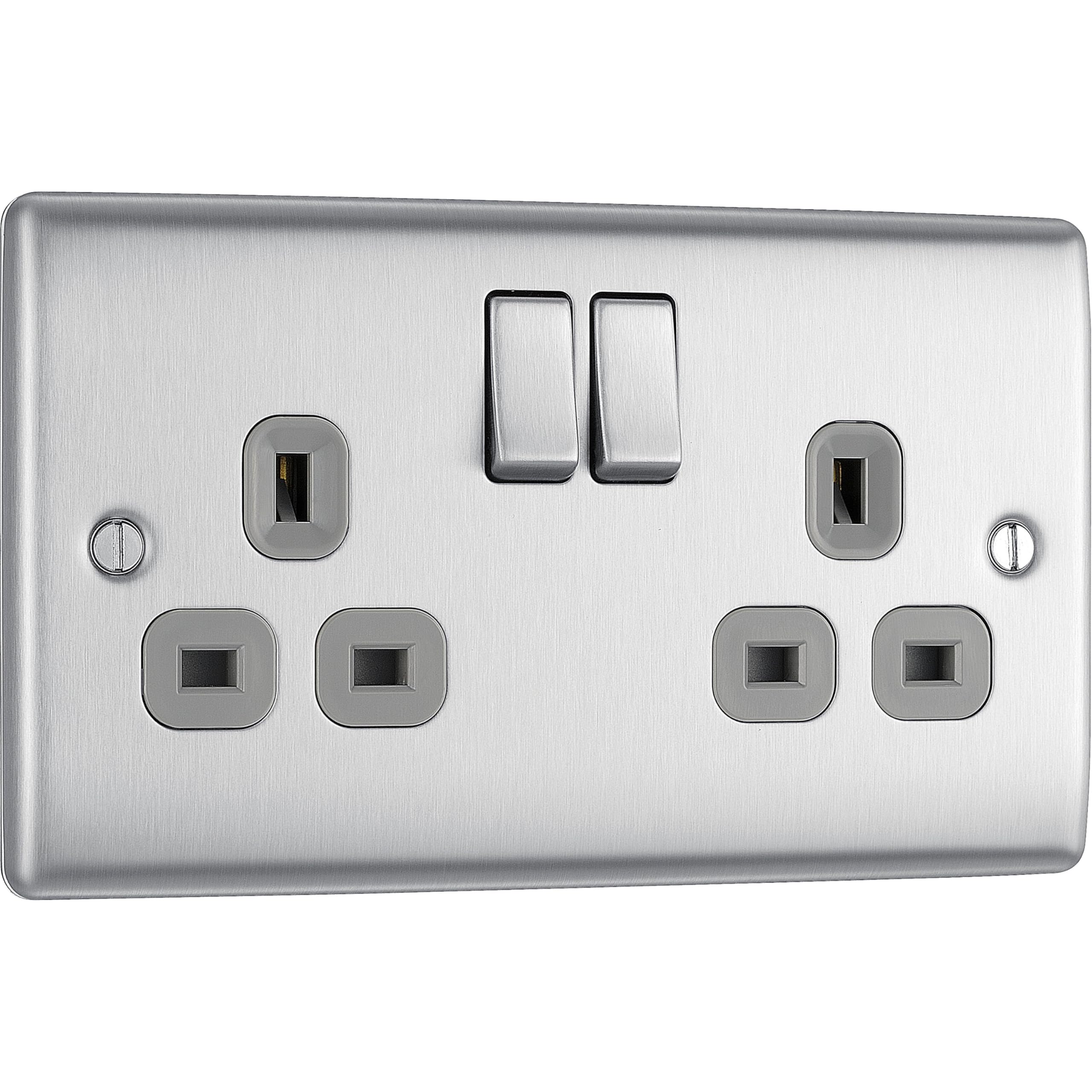 BG Electrical Double Switched Power Plug Wall Socket, Nexus Metal, Brushed Steel