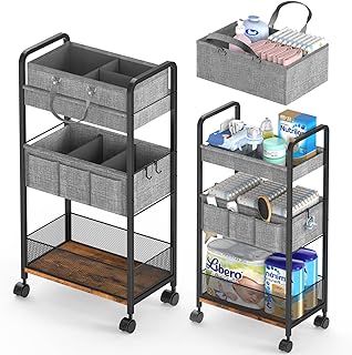 LIDTOP 2In1 Baby Diaper Caddy &amp; 3-Tier Rolling Diaper Cart, Diaper Caddy Organizer Cart with Dividers, Mobile Metal Utility Cart for Nursery Essentials, Detachable Bedside Cart, Large Capacity