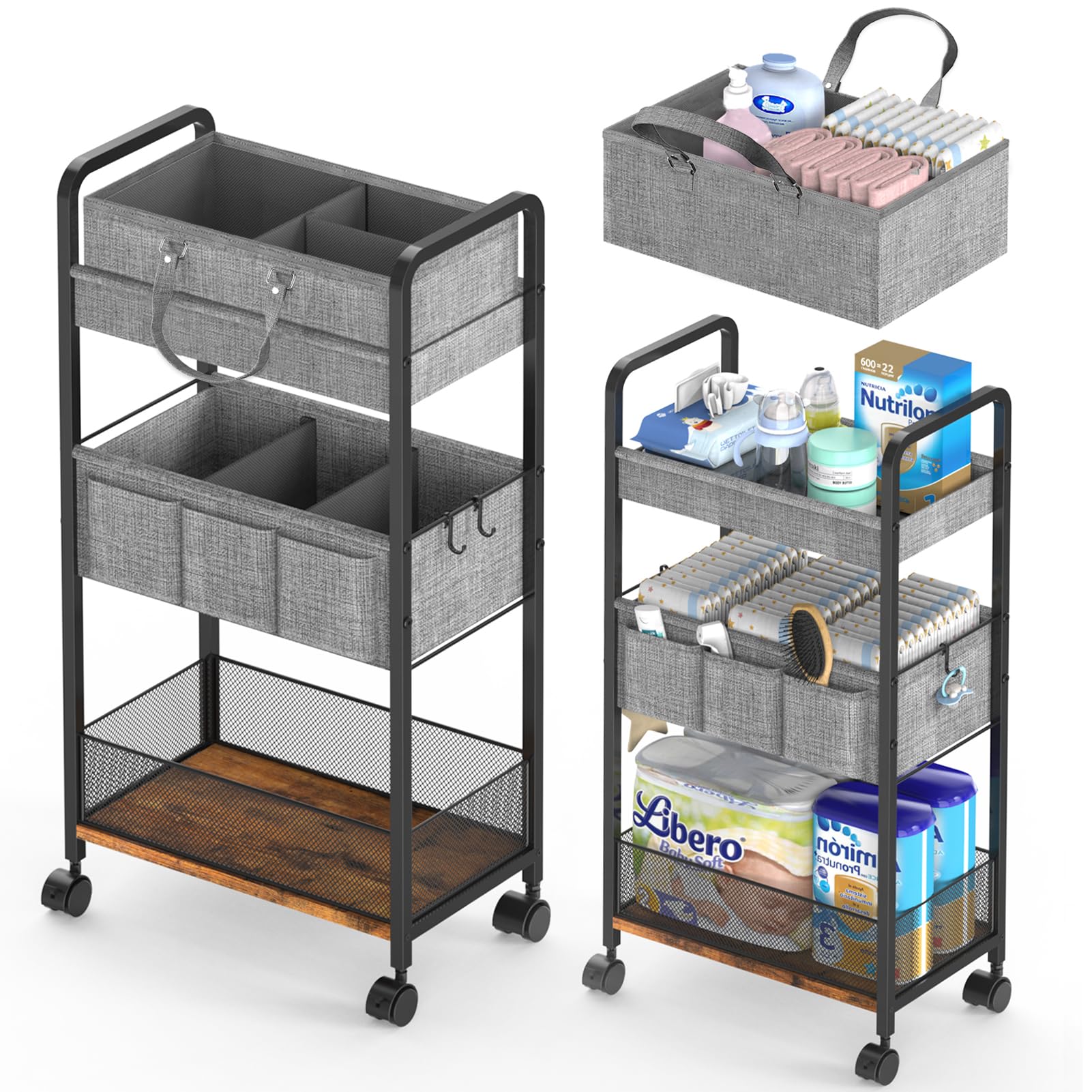 LIDTOP 2In1 Baby Diaper Caddy & 3-Tier Rolling Diaper Cart, Diaper Caddy Organiz