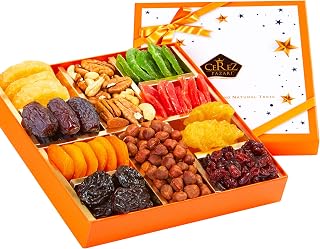 Cerez Pazari Dried Fruit and Nuts Gift Basket, Gourmet Holiday Gift Box Variety Of 10, Healthy Party Snack, Elegant Orange Box, 1.43 lbs