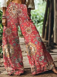 Women's Elastic Waist Boho Floral Print Wide Leg Casual Pants