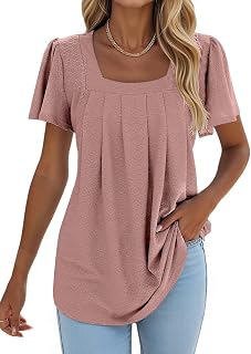 isermeo Summer Tops for Women Pleated Square Neck Ruffle Sleeve Shirts Casual Loose Flowy Curved Hem Tunic S-XXL