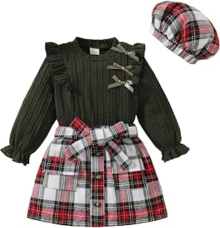Toddler Girl Fall Winter Clothes Knitted Tops Plaid Skirt Set 3Pcs 1-5T