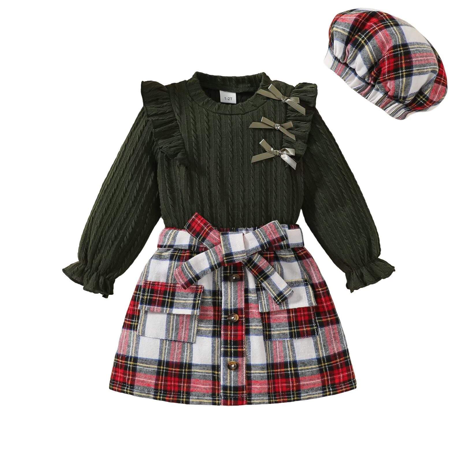 Toddler Girl Fall Winter Clothes Knitted Tops Plaid Skirt Set 3Pcs 1-5T