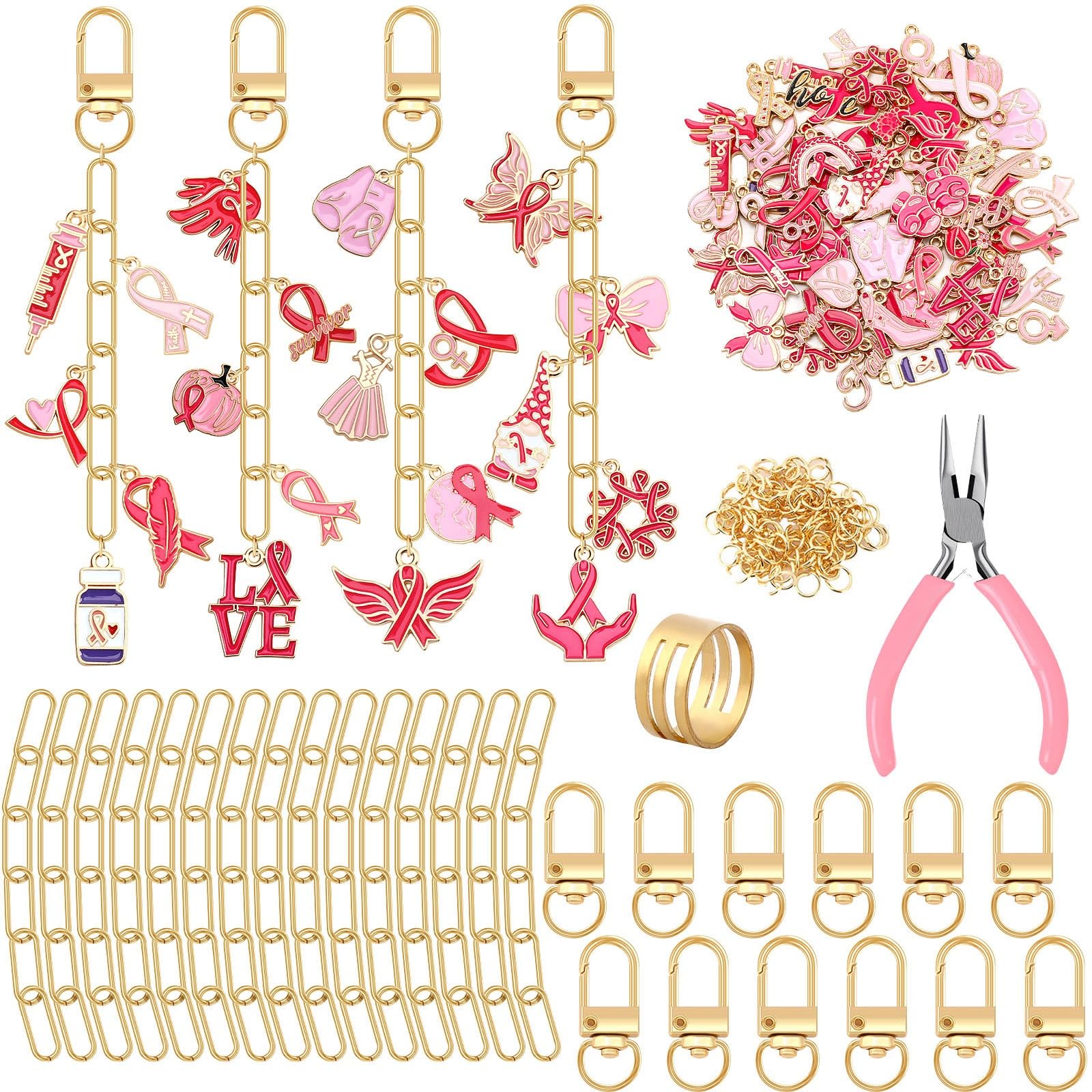 AUGSUN 189Pcs Breast Cancer Awareness Keychain Making Craft Kit