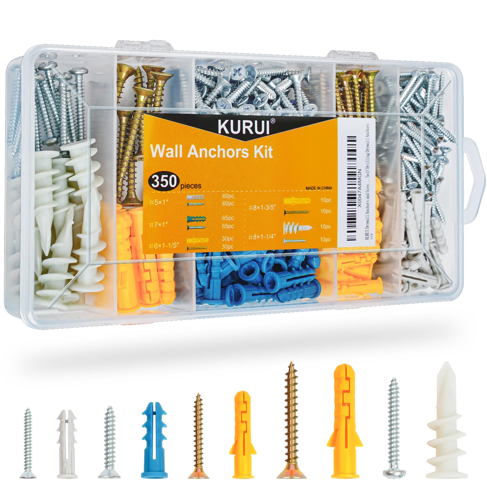 KURUI Drywall Anchors Assortment Kit for Sheetrock Concrete Brick, 350Pcs Wall A