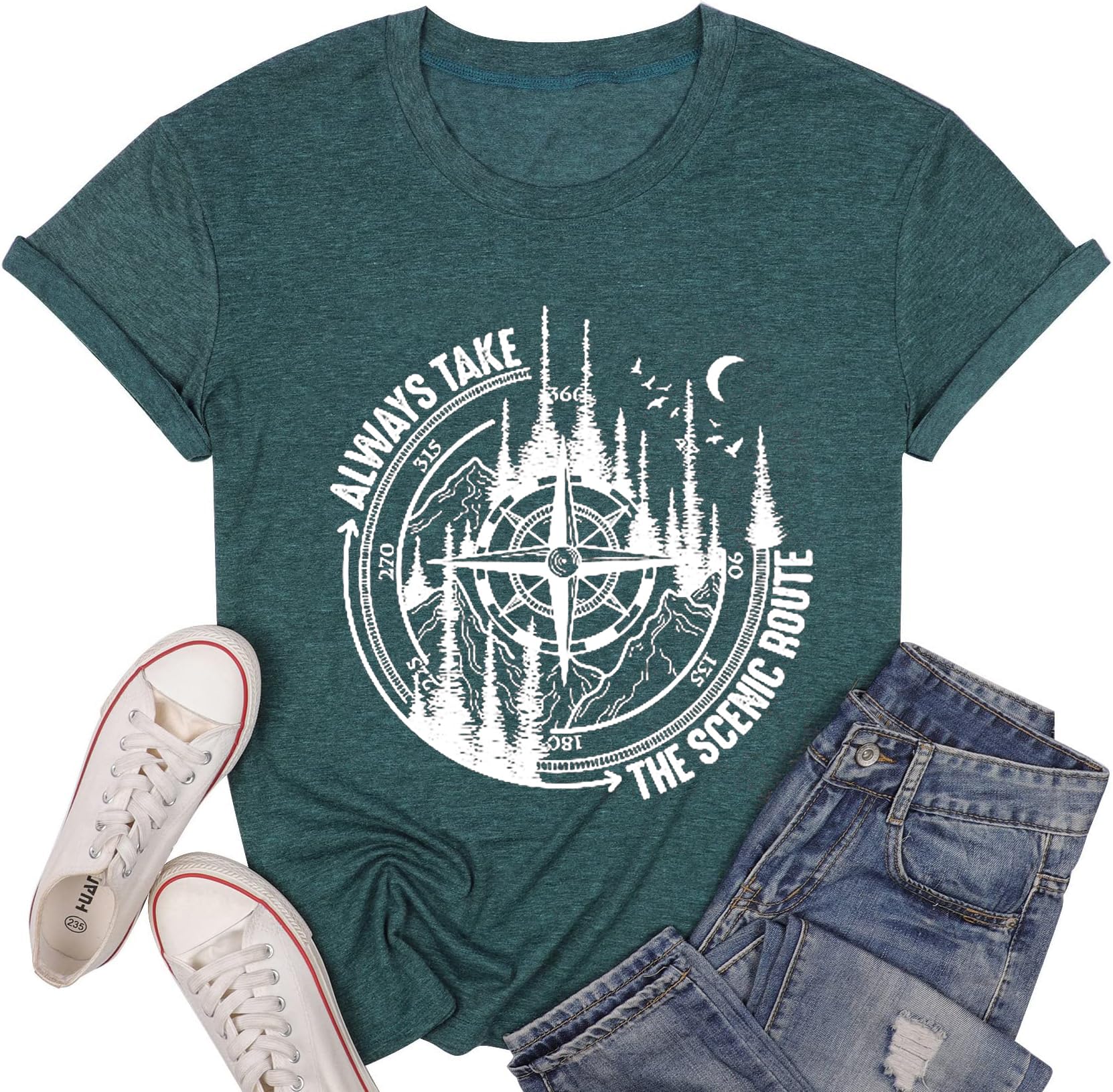 Women Mountain Adventure Athletic Top Compass Graphic Tee for Outdoor Camping Hi