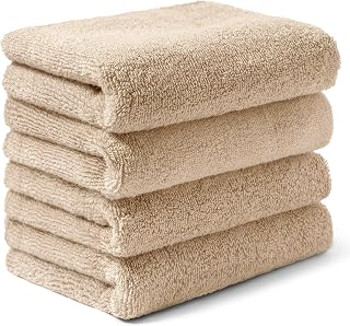 AIFY City Towels, Face Towels, Set of 4, Thick, Fluffy, Quick Drying, Absorbent, Durable, Cotton, Hotel Specifications, Antibacterial, Odor Resistant, Plain, Skin Friendly, Salon, New Life, Gift, 13.4 x 31.5 inches (34 x 80 cm), Beige