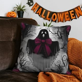 1 x Halloween Cushion Cover 18 x 18 inch - Halloween Cushion Cover for Home Decor and Halloween Decorations, Ghost Printed with Bow, Full Moon, Crows and Scary Trees for