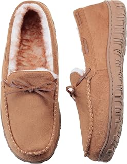 VLLy Mens Moccasin Slippers with Memory Foam Arch Support, Non Slip Rubber Sole House Shoes for Men Machine Washable Warm Fleece Lined Indoor Outdoor Home Shoes