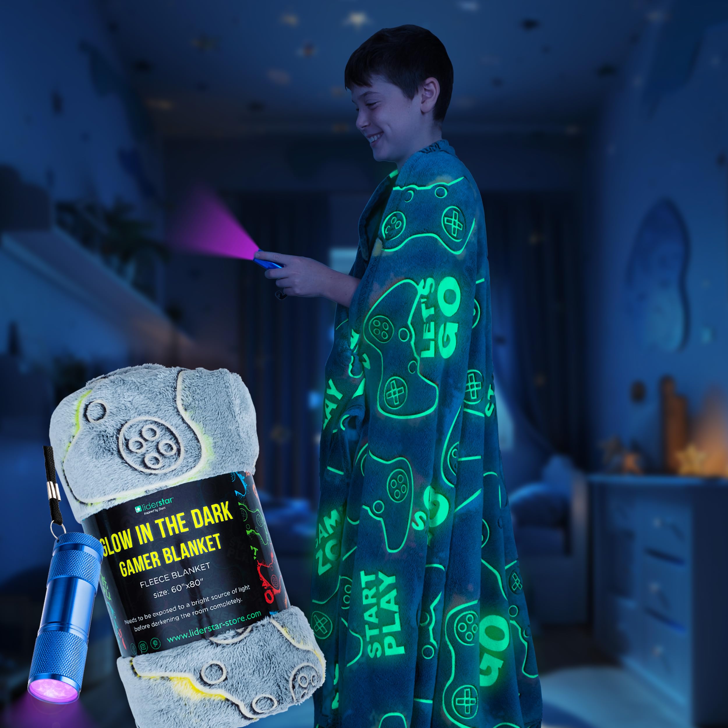Glow in the Dark Gamer Blanket - 60 x 80 inch, Soft Cozy Kids Throw Blanket-Gami