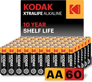 KODAK AA Alkaline Batteries (60 Pack) Double A Battery, LR6 1.5V | 10-Year Shelf Life, Advanced Leak-Resistant Design, High & Low Drain Devices, 148% Extra Life, Disposable Cardboard Carton