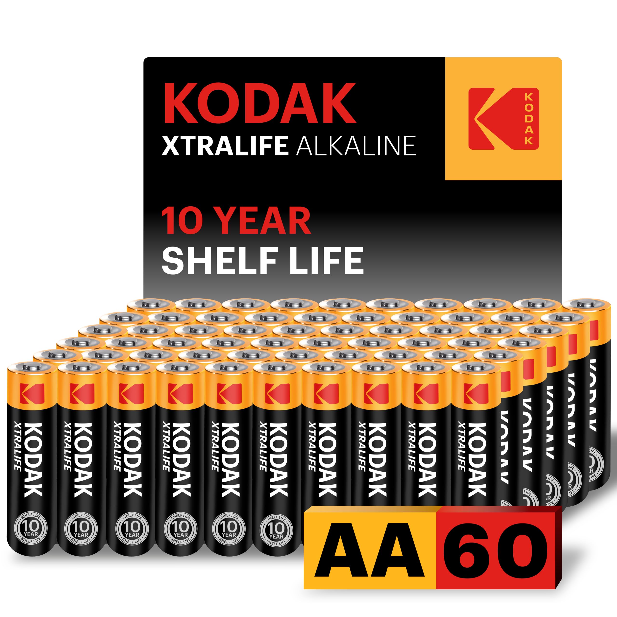 KODAK AA Alkaline Batteries (60 Pack) Double A Battery, LR6 1.5V | 10-Year Shelf