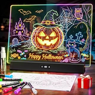 LED Note Board with Colors, Rechargeable 17-Inch Doodle Glow 9-Mode Light Up Desk Sign Letter Message Memo Drawing Dry Erase Board for Classroom/Home Decor/Office/Gifts, 6 Markers & Tracing Book