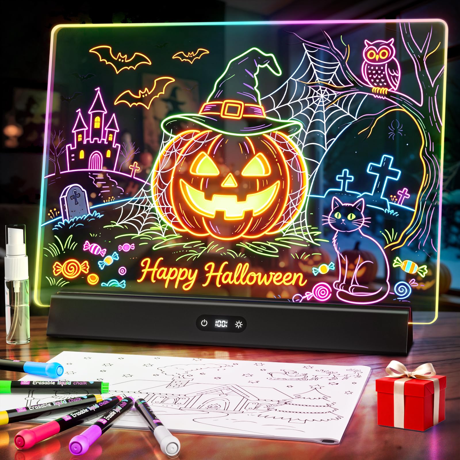 LED Note Board with Colors, Rechargeable 17-Inch Doodle Glow 9-Mode Light Up Des
