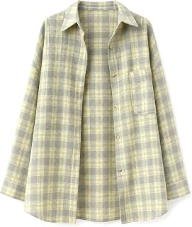 Women's Loose Plaid Shirt, Polyester Long Sleeve Casual College Blouse Top for Spring Daily Wear