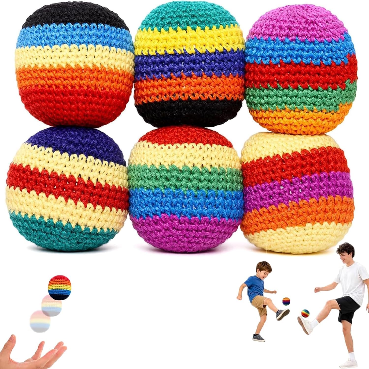6 Pack Handmade Crocheted Hacky Sack Footbags, Colorful Knitted Kick Balls for A