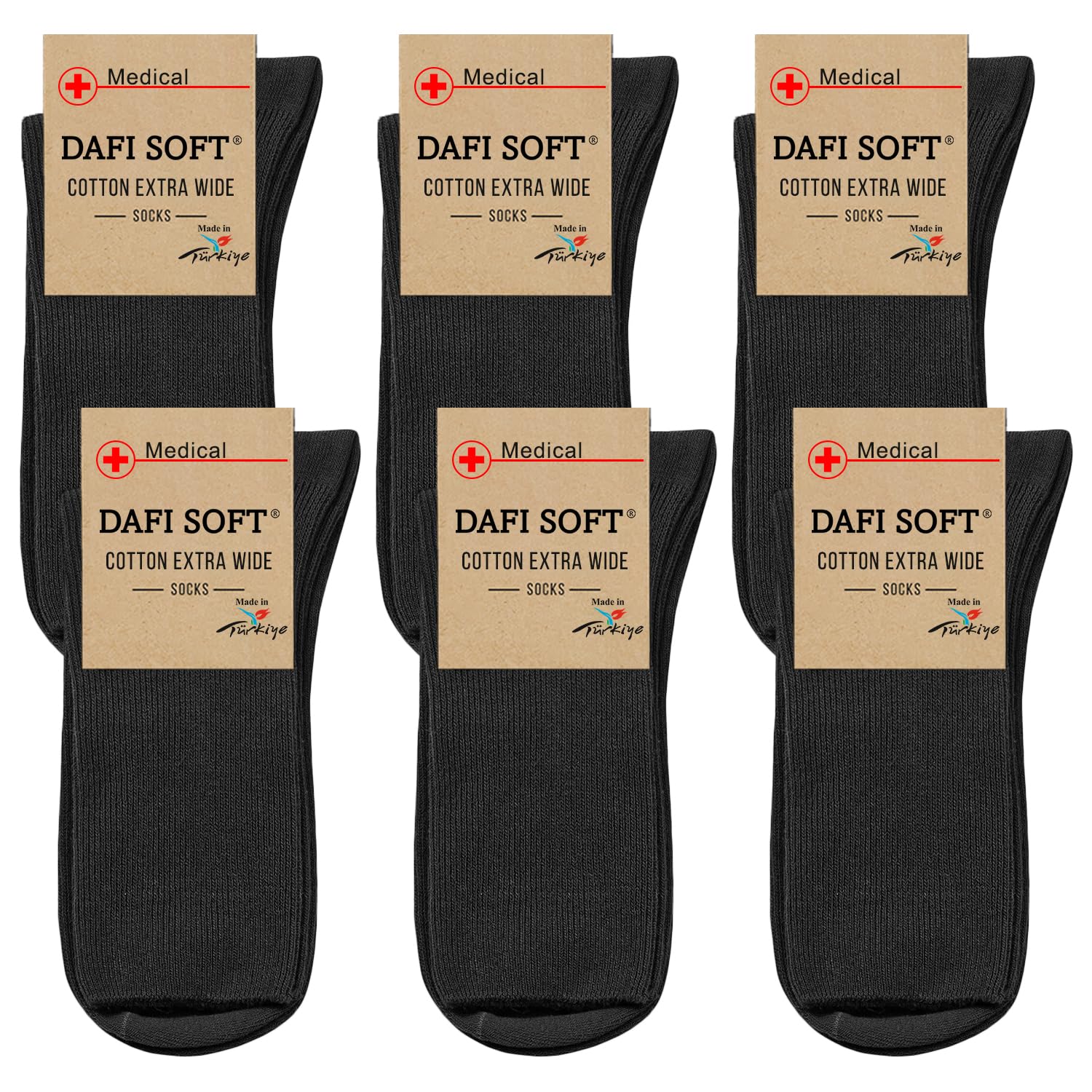 Dafi soft 6 Pairs Diabetic Extra Wide Socks, Cotton, Made in Turkey