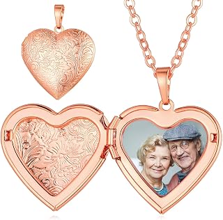 Custom4U Personalized Heart Locket Necklace with Pictures,Sunflower/Angel Wings/Heart Shaped Lockets Custom Photo,Gold/Rose Gold/White Lockets That Holds Picture,Customized Memorial Jewelry for Women