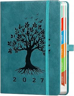 ZXHQ 2027 Diary A5 Page a Day, 400 Pages, 100 GSM Paper, for UK | Embossed Tree of Life cover with monthly views, colourful gradient tabs, back pocket and matching pen for organised planning.
