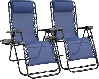 Sweetcrispy Zero Gravity Chairs Set of 2, Outdoor Folding Reclining Lounge Chair with Cup Holder Tray & Adjustable Pillow, Portable Camping Beach Patio Poolside Lawn Yard Chair, Classic Blue