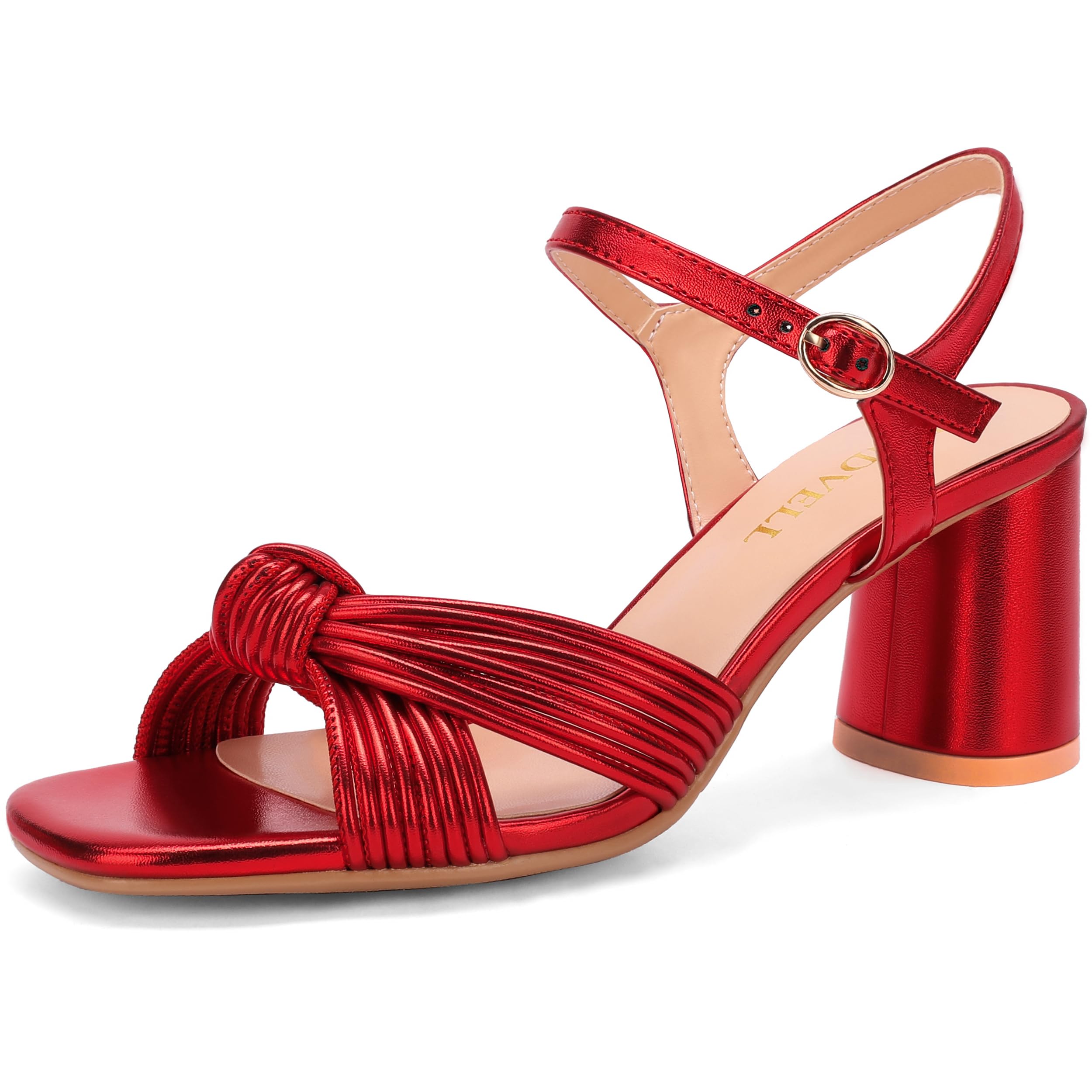 FINDVELL Women's Heeled Sandals Chunky Heel Strappy Metallic Braided Knotted Squ