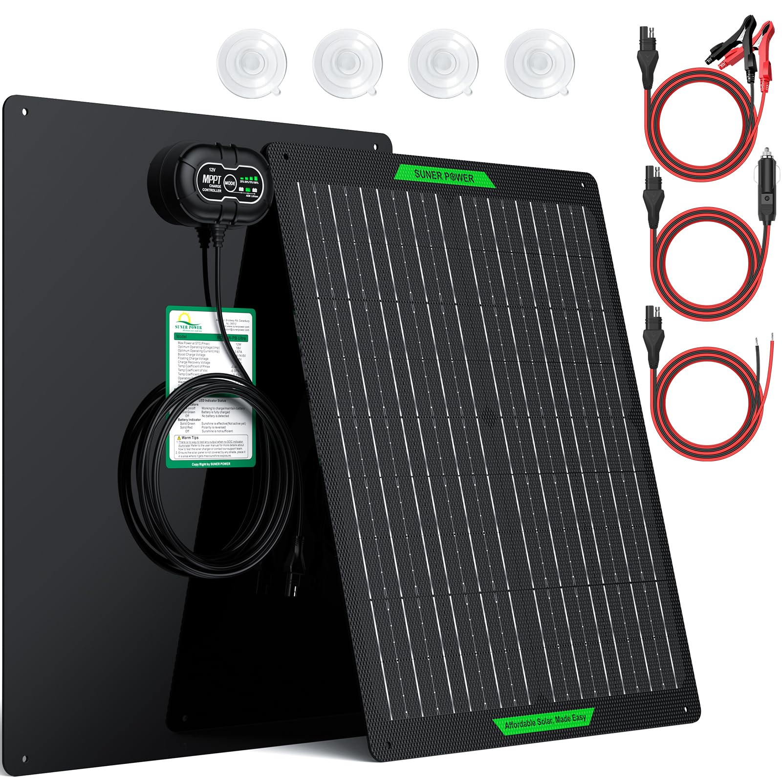 SUNER POWER Waterproof 50W 12V Solar Battery Charger & Maintainer PRO, Built-in 