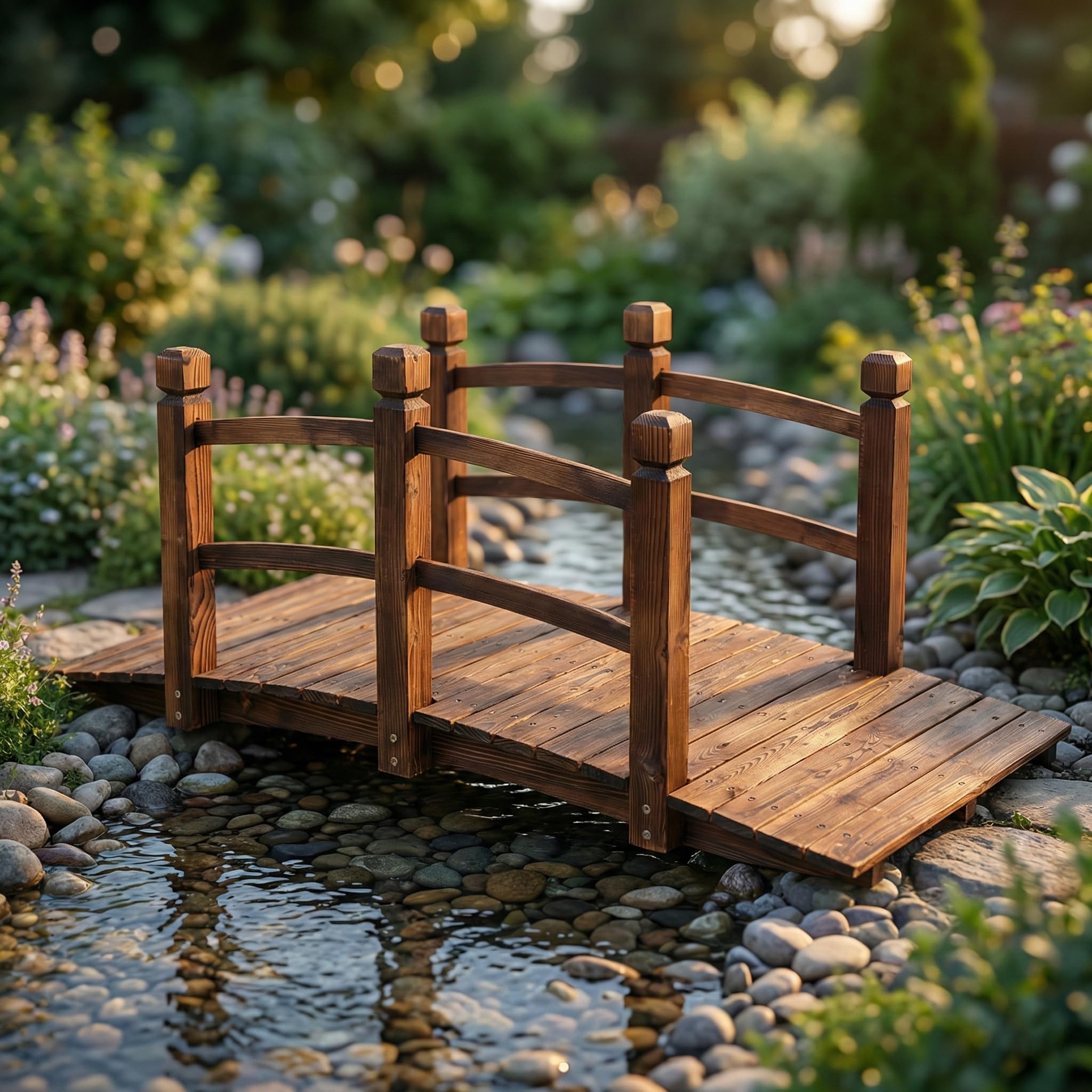 5ft Arched Garden Bridge, Carbonized Wood Footbridge with Safety Side Rails, Dec