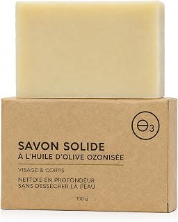Solid Ozonized Olive Oil Soap Antibacterial Body and Face Soap, Natural Organic Formula for Oily and Sensitive Skin, Gentle Hand Made Cleanser for Daily Use, From 3 Years, 100g