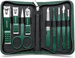 Professional Manicure Set, 9 Pcs Stainless Steel Nail Clippers and Pedicure Grooming Kit with Portable Dark Green Leather Case for Men