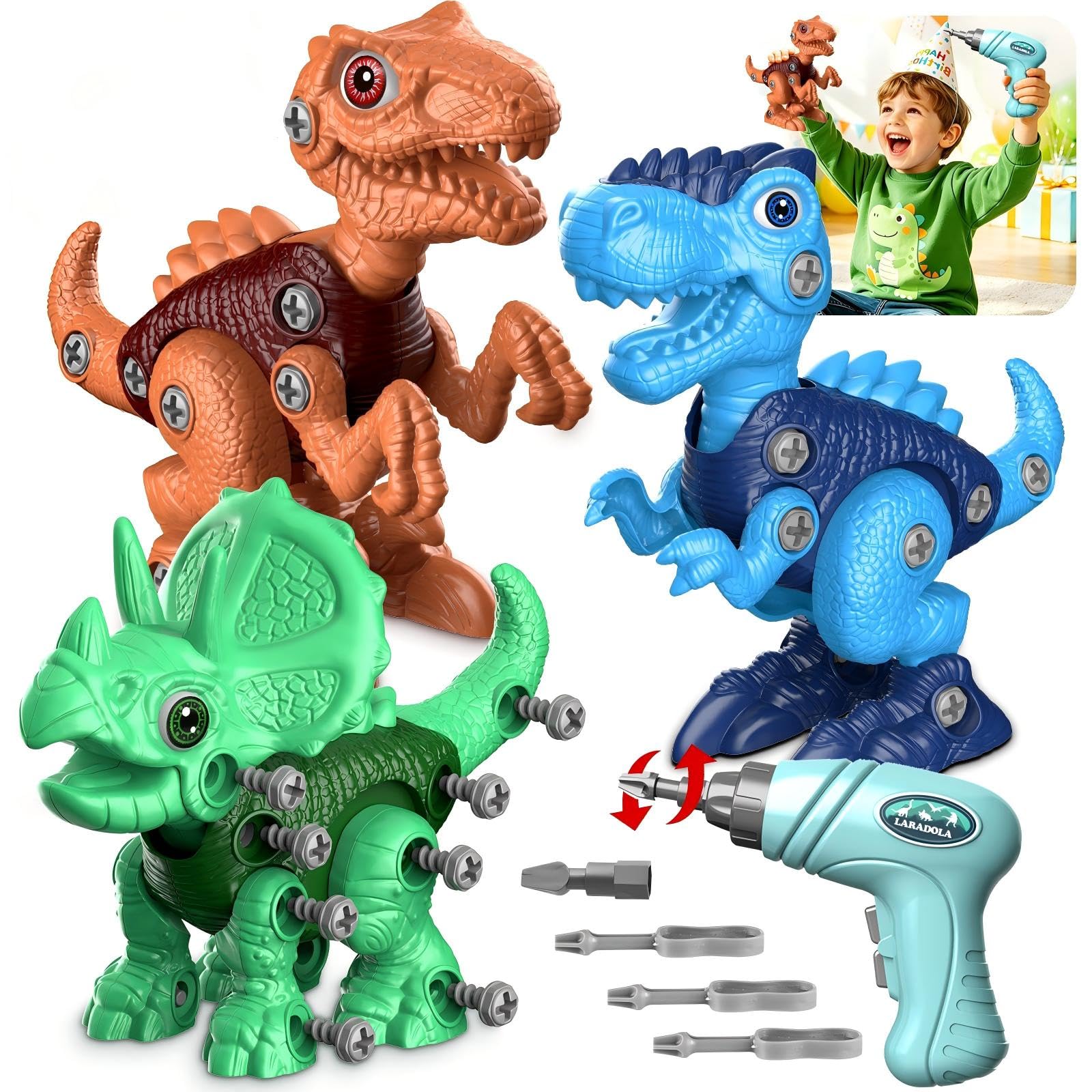 Take Apart Dinosaur Toys for Kids: 85 Pieces 3-Pack Dinos & Electric Drill | Eas