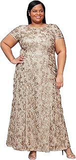 Alex Evenings Plus Size Long A-Line Rosette Dress with Short Sleeves Women's Special Occasion Dress