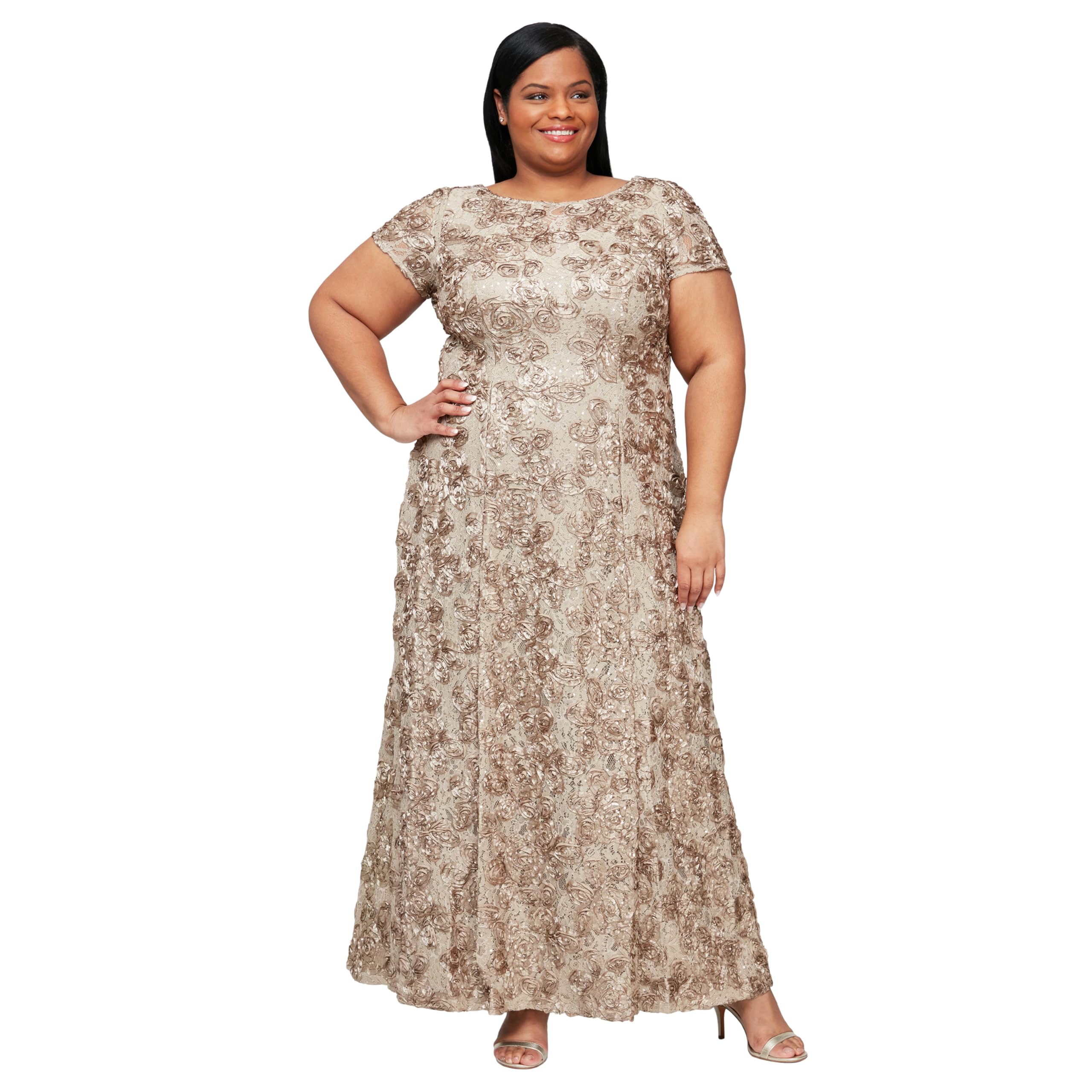 Alex Evenings Plus Size Long A-Line Rosette Dress with Short Sleeves Women's Spe
