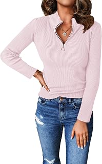 PRETTYGARDEN Maglioni pullover con zip autunnale da donna 2023 Top in maglia a costine con colletto a maniche lunghe, Rosa, S