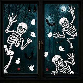 Halloween Window Clings Decor Halloween Decorations Skeleton Ghost Stickers | 8 Sheets Large Spooky Window Decals for Home Office Retail Store Car Indoor Party, Bats Spiders Clings for Glass Doors