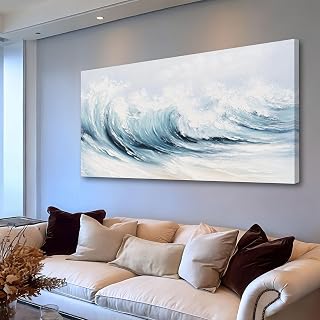 Belmrxne Coastal Wall Decor White Wall Art Ocean Artwork Textured Canvas Painting Wave Wall Painting for Living Room Dining Room Kitchen Office 24x48 Inches