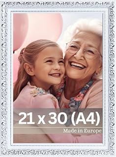 VictoR Antique Picture Frame "Rubens" - Baroque Style Frame: 30 x 20 mm, Real Glass, White/Silver