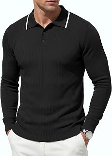 Coofandy Suéter de Polo para Hombre de Punto Casual de Manga Larga suéter Polo Ligero botón Abajo Golf Pullover suéteres