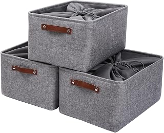 Mangata Fabric Storage Boxes, Thickened Canvas Storage Baskets with Handle for Shelves, Clothes Toys (XL, Grey, with Drawstring,3 Pcs)
