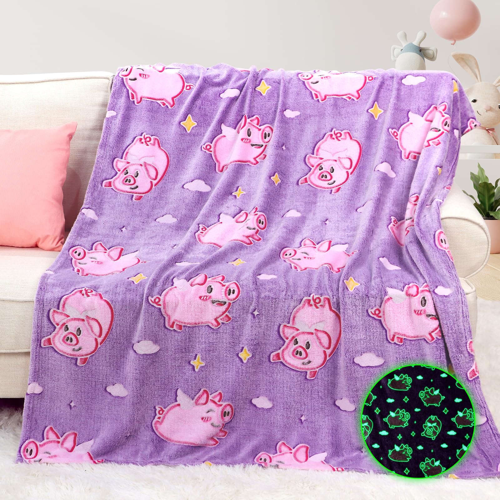 MIBOI Pig Gifts for Girls Glow in The Dark Pig Blanket for Kids Cute Pink Toy An