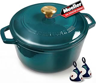 Mueller DuraCast 6 Quart Enameled Cast Iron Dutch Oven Pot with Lid | Sourdough Bread Baking, PFOA-Free, 500°F Oven Safe - All Cooktops incl. Induction, Braising & Slow Cooking, Emerald