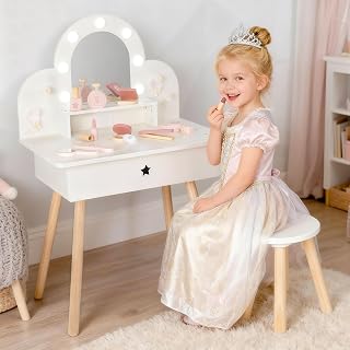 Kids Vanity Set for Little Girls with Touch-Button 3-Color Lighted Mirror | Wooden Pretend Play Makeup Table with 11 Accessories and Storage, Kid-Sized Beauty Desk and Chair, Gift for Girls Ages 3+
