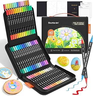 Shuttle Art Dual Tip Acrylic Paint Pens, 60 Colours Fine & Brush Paint Marker Pens, Paint Pens for Rock Painting, Ceramic, Wood, Fabric, Glass, Art Marker Pen Set for Kids Adults on Christmas Easter