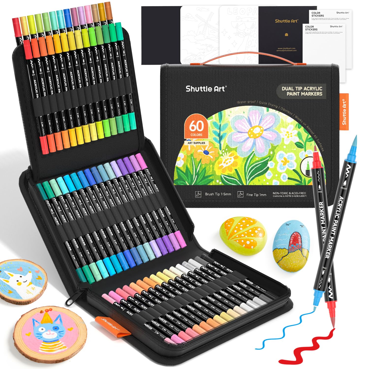 Shuttle Art Dual Tip Acrylic Paint Pens, 60 Colours Fine & Brush Paint Marker Pe