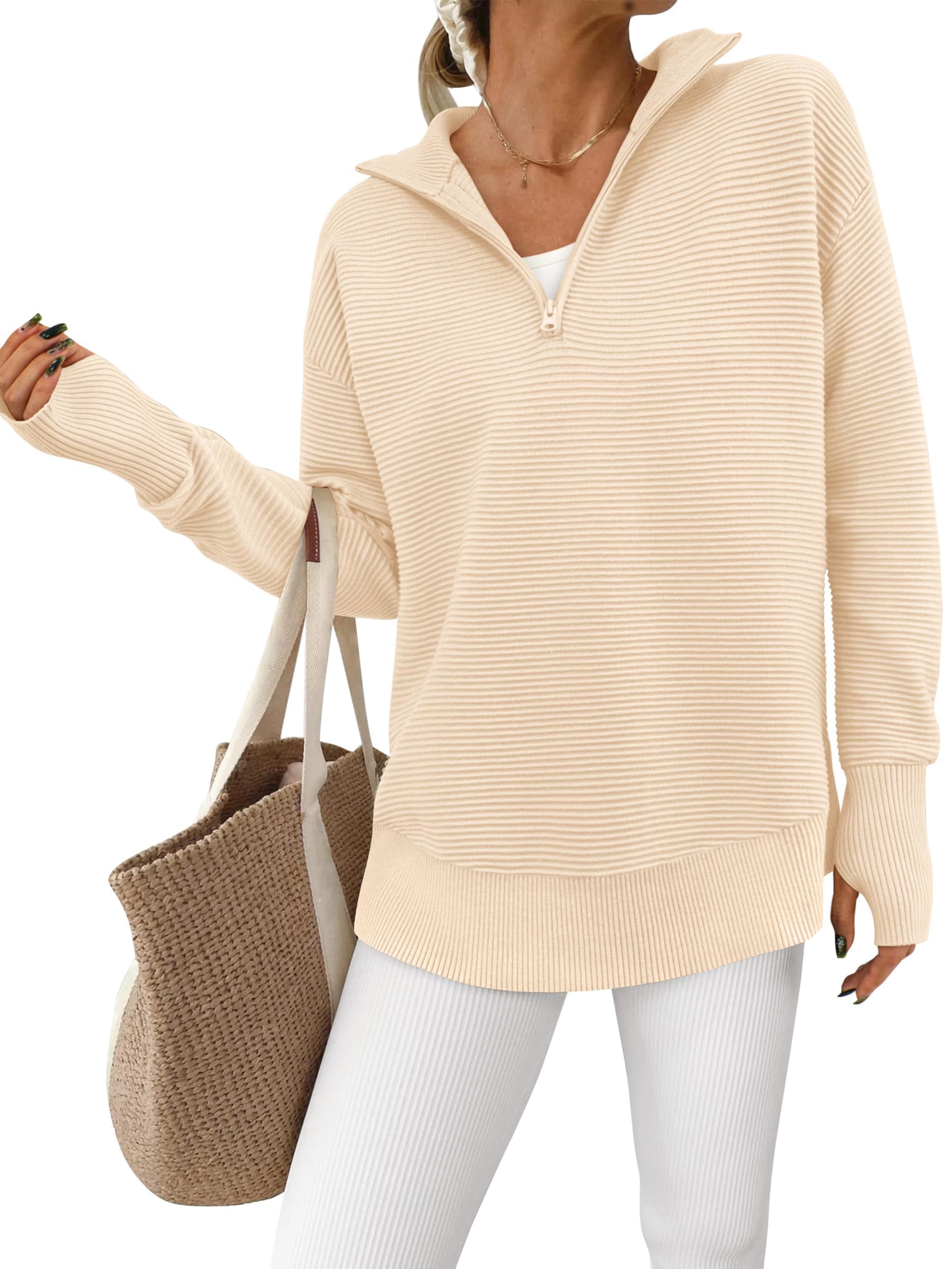 PRETTYGARDEN Women's Long Sleeve Quarter Zip Casual V Neck Ribbed Thumb Hole Swe