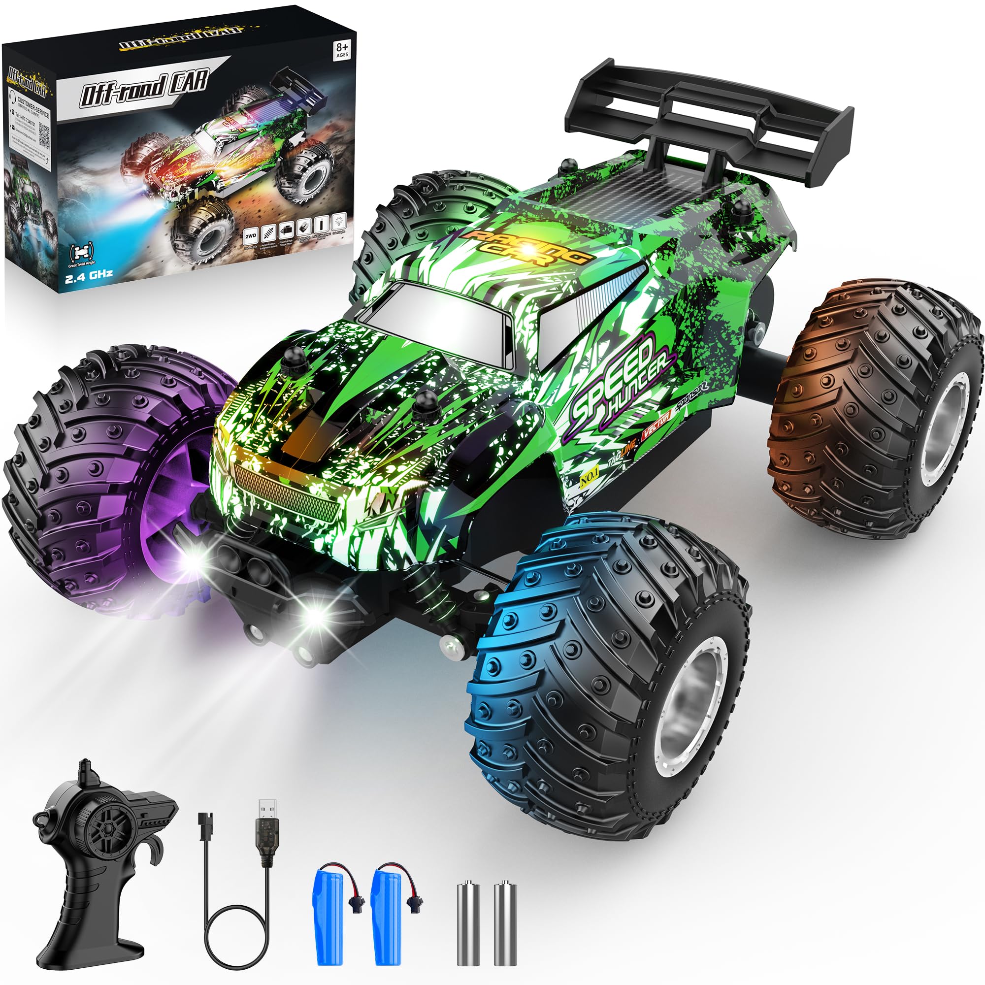 Remote Control Car All-Terrain 1:18 Rc Car with LED Lights 2 Batteries | 2WD Rc 