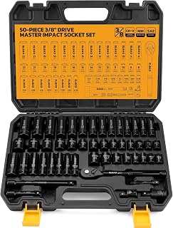 ELEAD 3/8" Drive Impact Socket Set - 50-Piece SAE (5/16" to 3/4") &amp; Metric (8-22mm), 6-Point CR-V Steel Deep &amp; Shallow Sockets with Ratchet Handle, Universal Joint, Extension Bar, Adapter