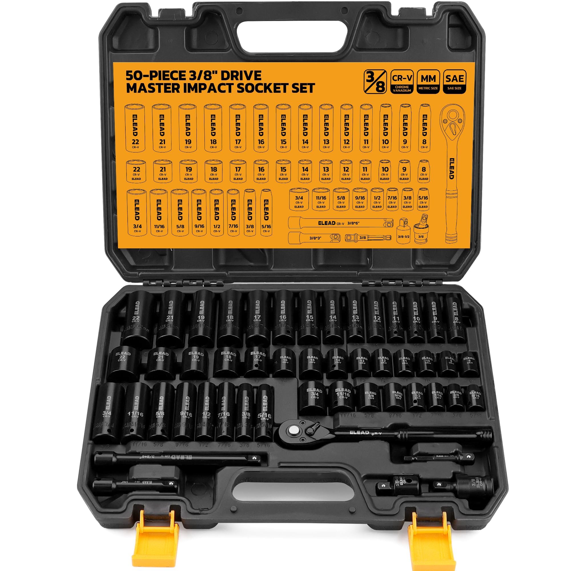 ELEAD 3/8'' Drive Impact Socket Set - 50-Piece Shallow & Deep Socket Set Metric 