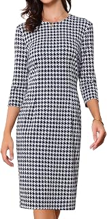 Allegra K Womens Houndstooth Dress 3/4 Sleeve Office Sheath Dresses
