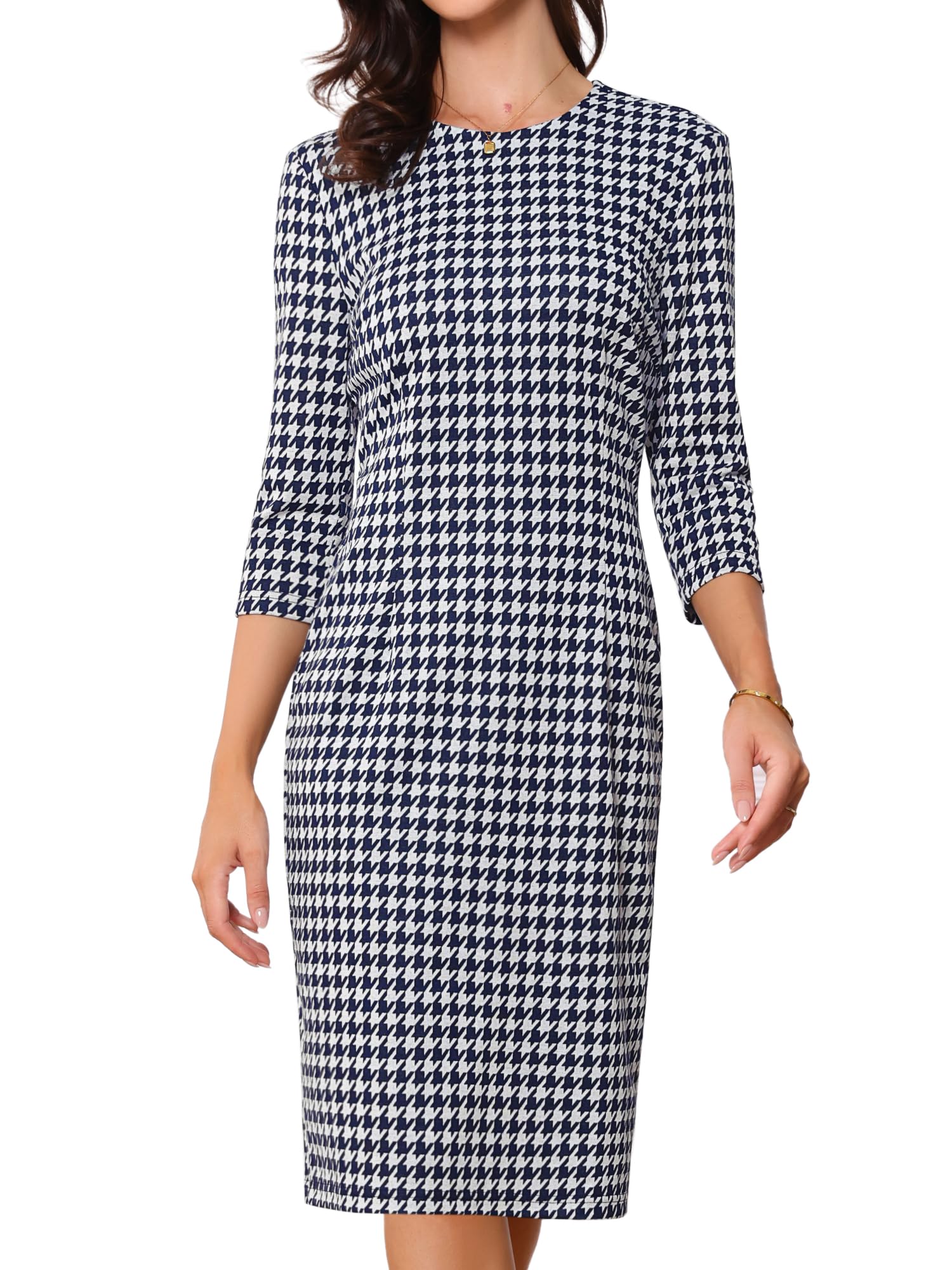 Allegra K Womens Houndstooth Dress 3/4 Sleeve Office Sheath Dresses